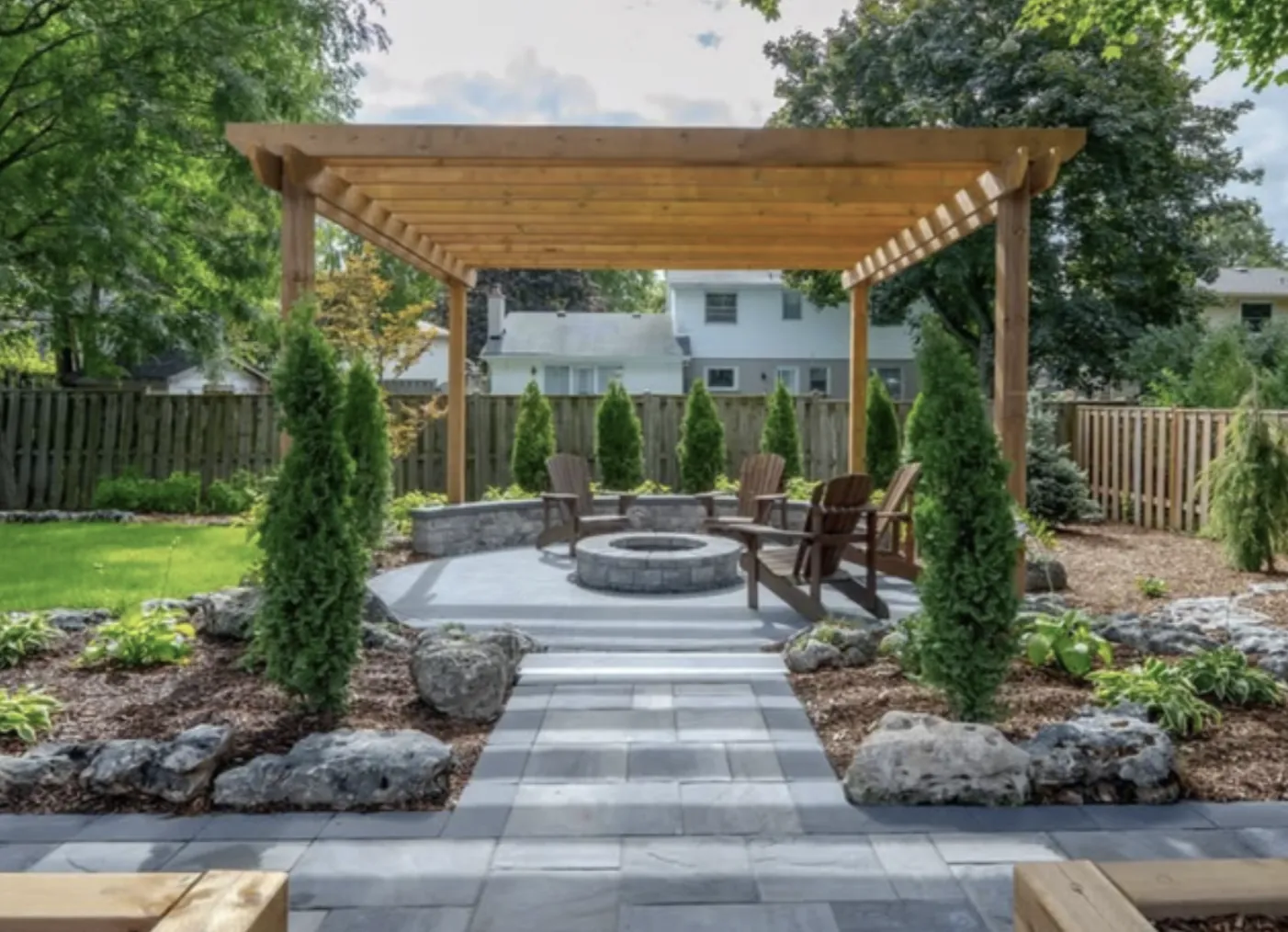 "i want the whole thing" completed backyard transformation with pergola and fire pit